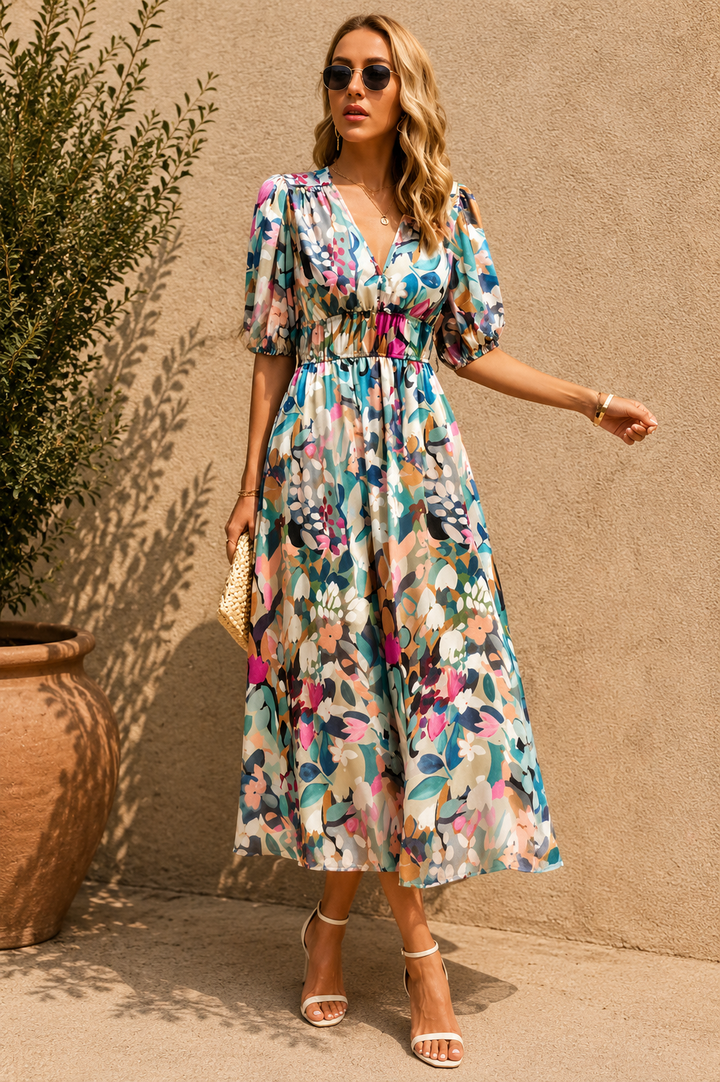 Robe Maxi Abstraite avec Manches Bouffantes
