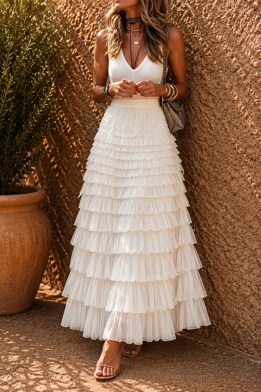 Valerie - Jupe Boho avec Bord en Satin de Maille