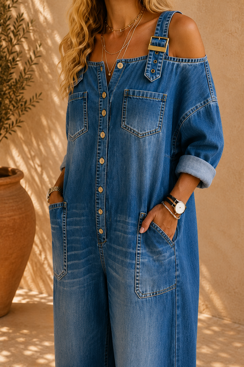 Sophia | Combinaison Denim Épaules Dénudées