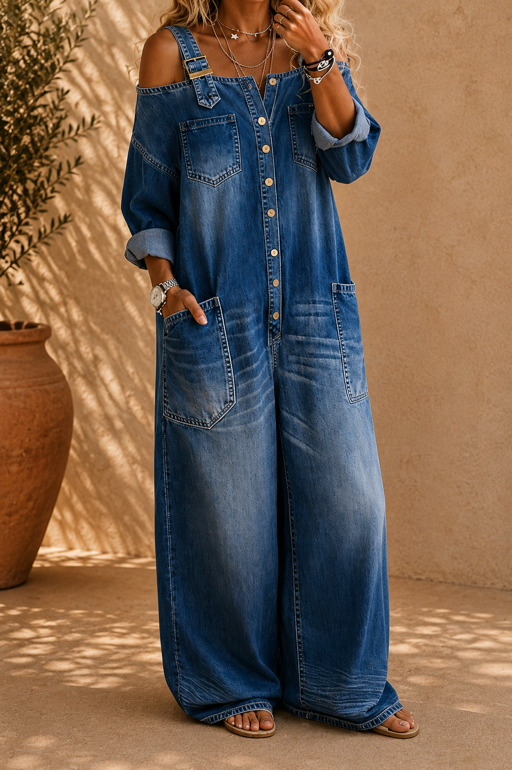 Sophia | Combinaison Denim Épaules Dénudées