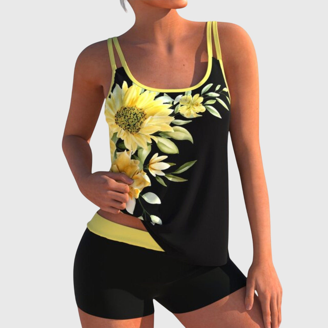 Flor – Tankini fleuri avec short, effet ventre plat
