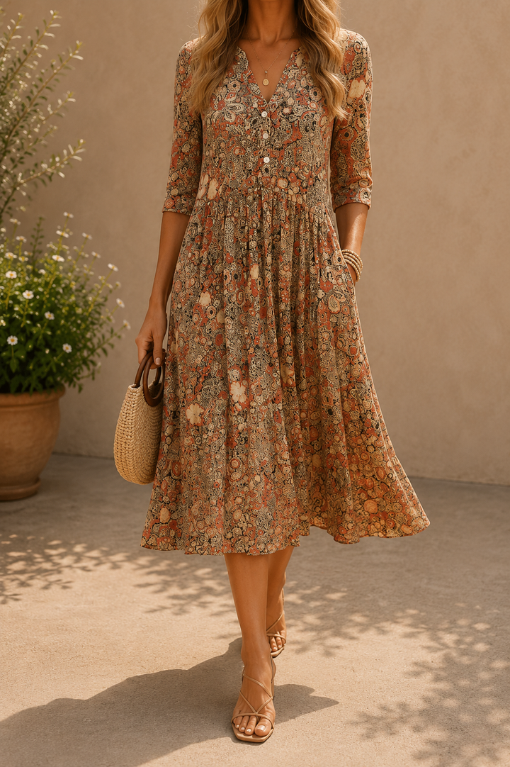 Élise | Robe midi imprimée à col V