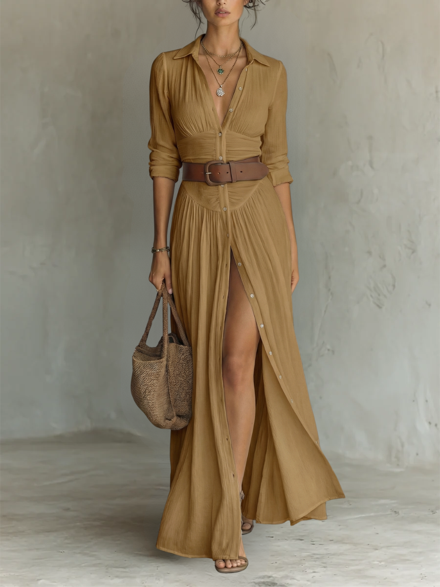 Capucine | Robe maxi longue à col cranté, ceinture et manches longues