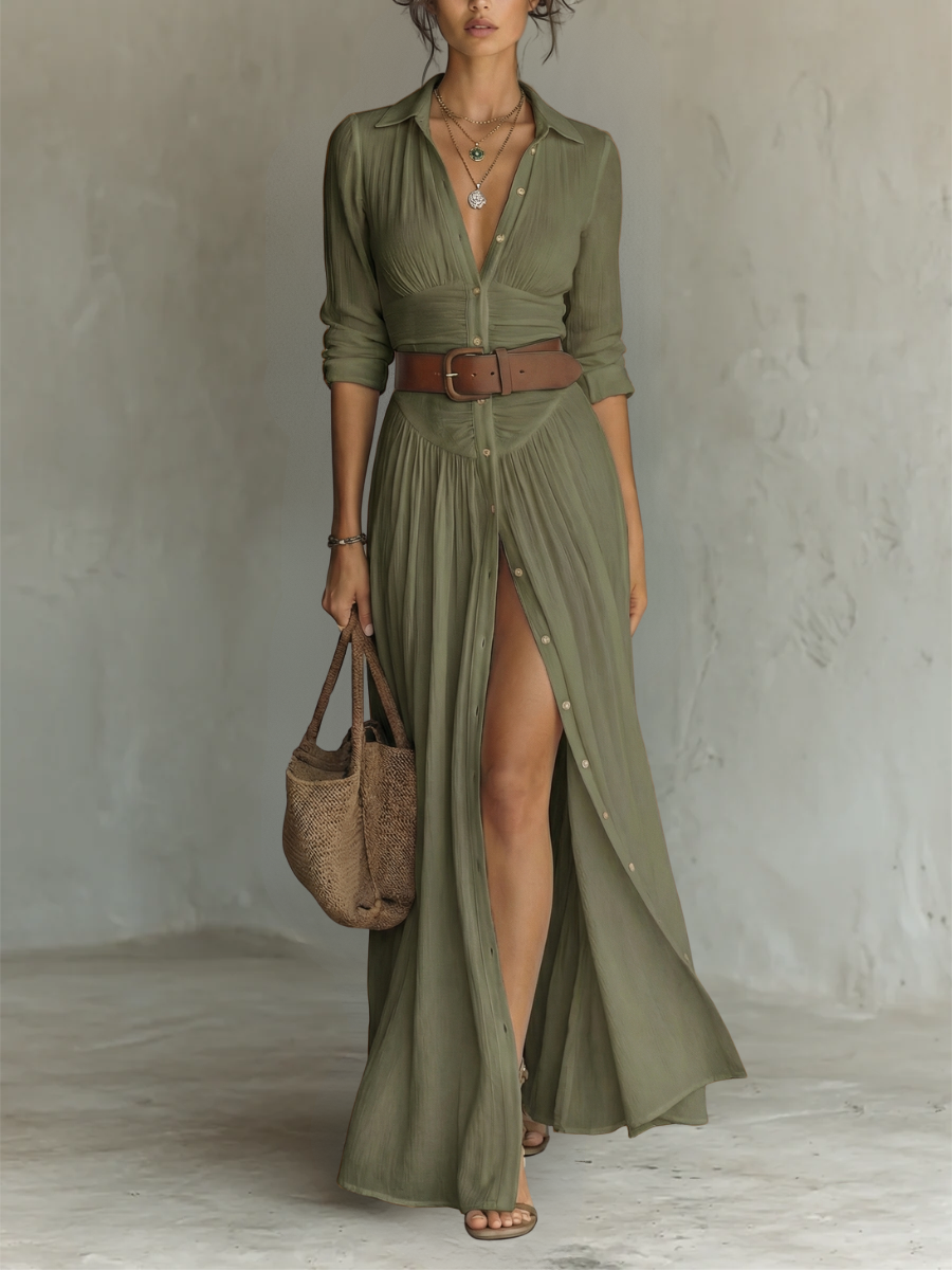 Capucine | Robe maxi longue à col cranté, ceinture et manches longues