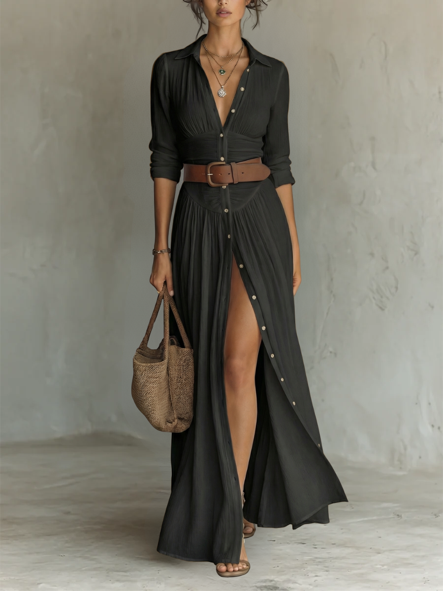 Capucine | Robe maxi longue à col cranté, ceinture et manches longues