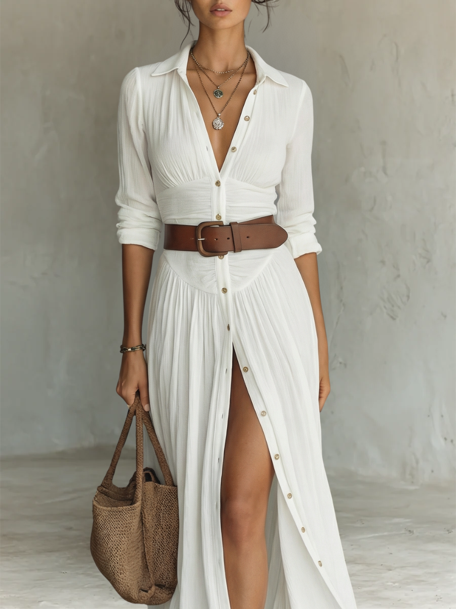 Capucine | Robe maxi longue à col cranté, ceinture et manches longues