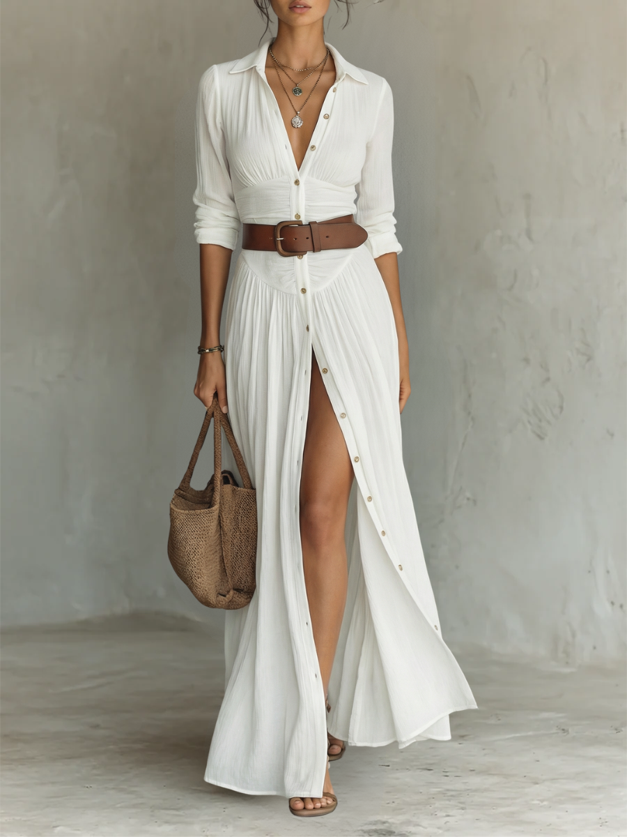 Capucine | Robe maxi longue à col cranté, ceinture et manches longues