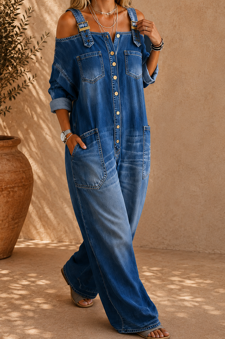 Sophia | Combinaison Denim Épaules Dénudées