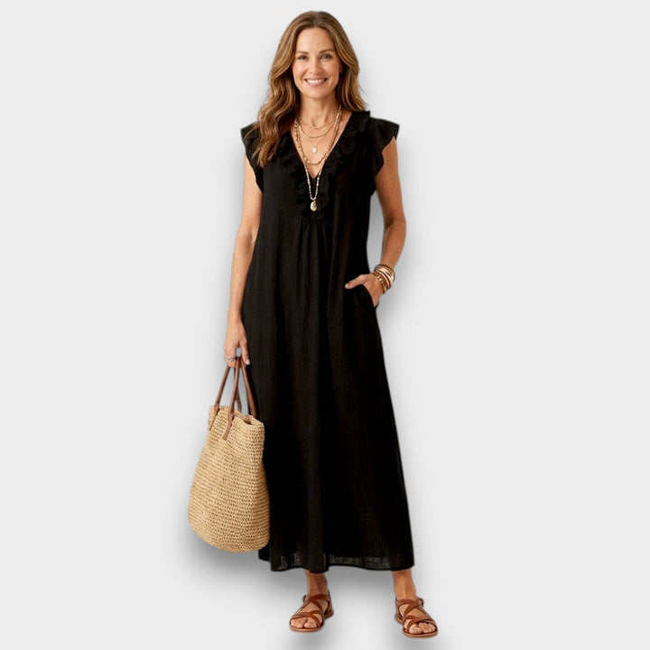Josette - Robe Maxi en Lin avec Volants et Décolleté en V