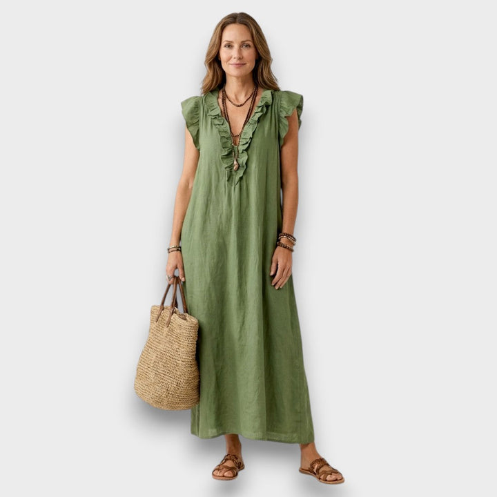 Josette - Robe Maxi en Lin avec Volants et Décolleté en V