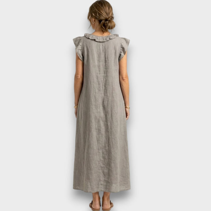 Josette - Robe Maxi en Lin avec Volants et Décolleté en V