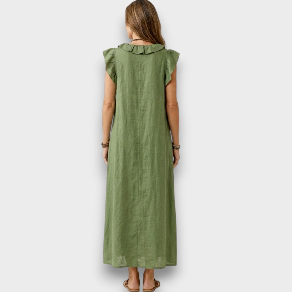 Josette - Robe Maxi en Lin avec Volants et Décolleté en V