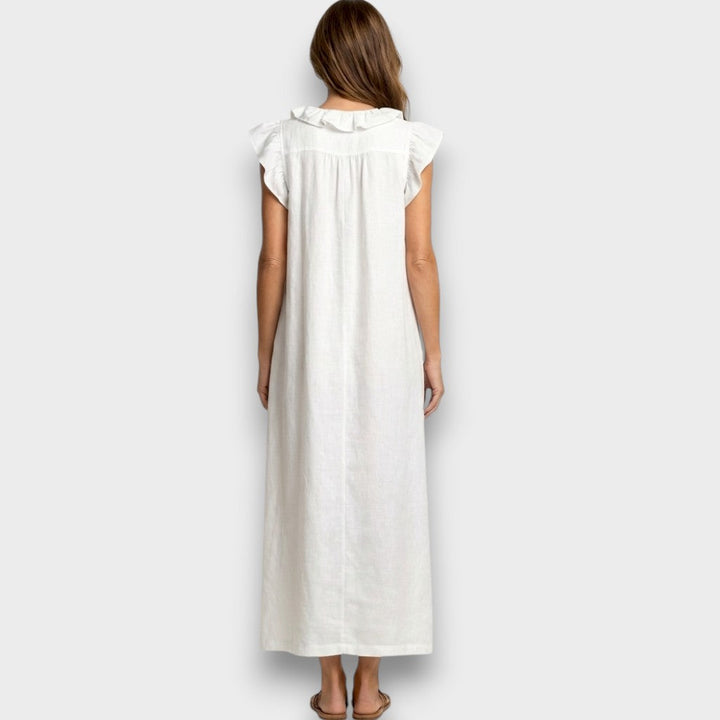 Josette - Robe Maxi en Lin avec Volants et Décolleté en V