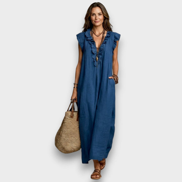 Josette - Robe Maxi en Lin avec Volants et Décolleté en V