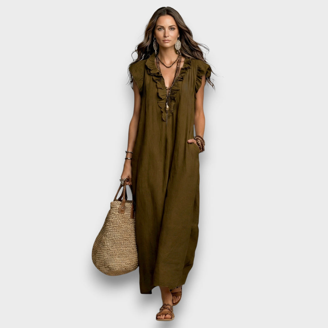 Josette - Robe Maxi en Lin avec Volants et Décolleté en V